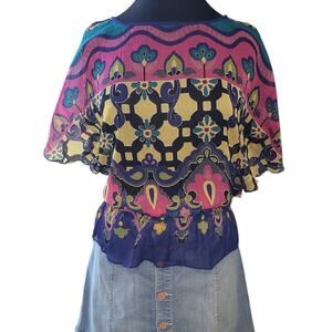 Vintage Y2K Angie Boho Floral Geo Print Smocked Waist Tulip Sleeve Blouse Small